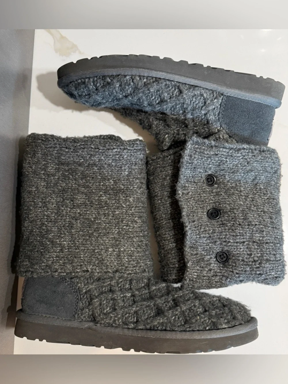 UGG Australia Women’s Grey Knit Mid-Calf High Ugg Boots, Sweater Cardigan Knit